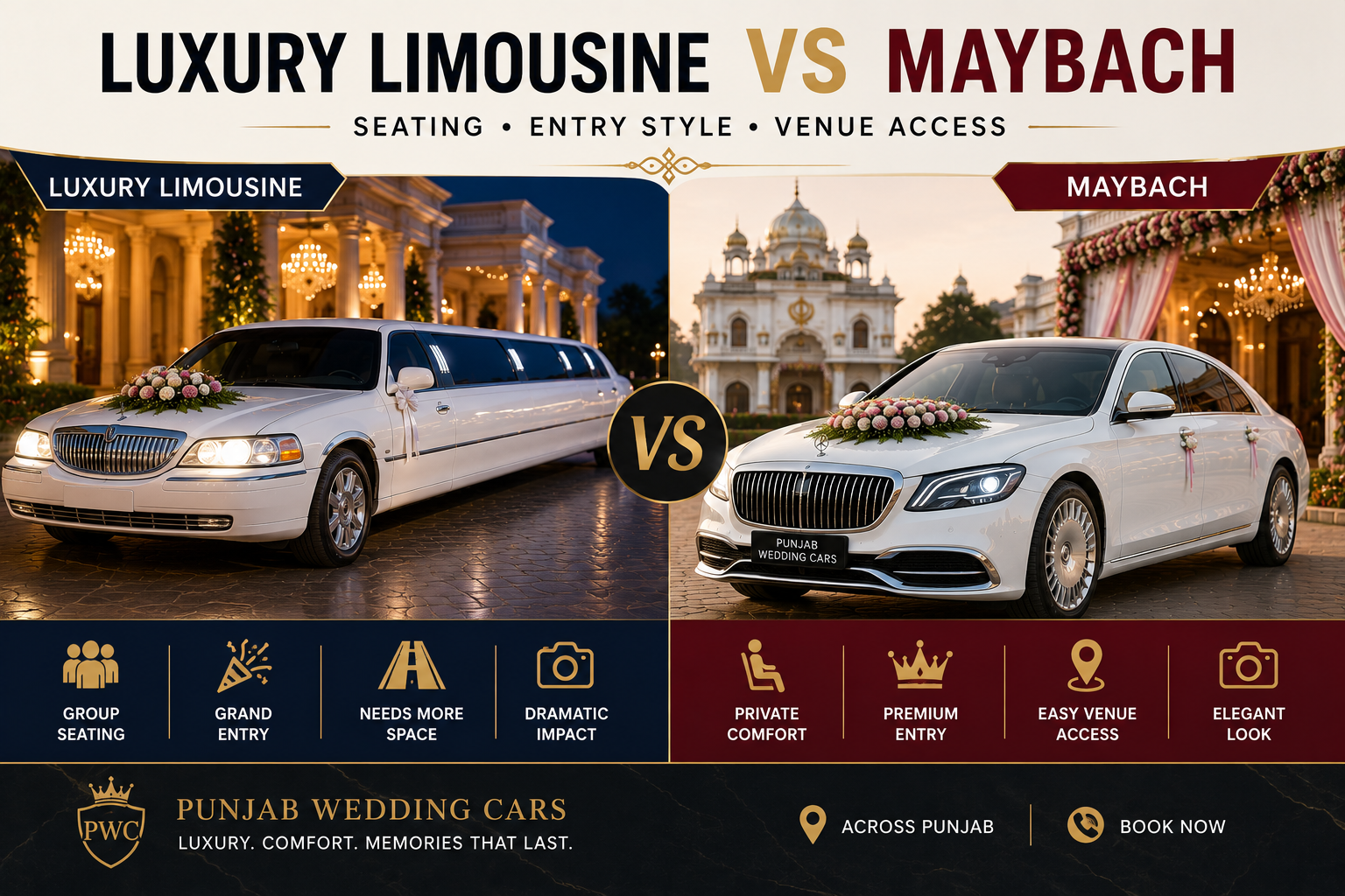 Luxury Limousine vs Maybach: Seating, Entry Style and Venue Access Compared