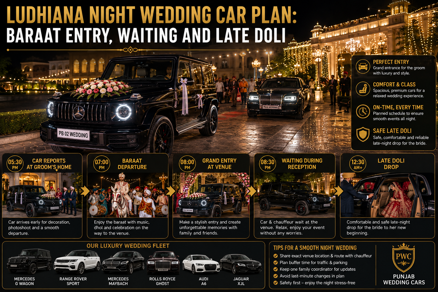 Ludhiana Night Wedding Car Plan: Baraat Entry, Waiting & Late Doli